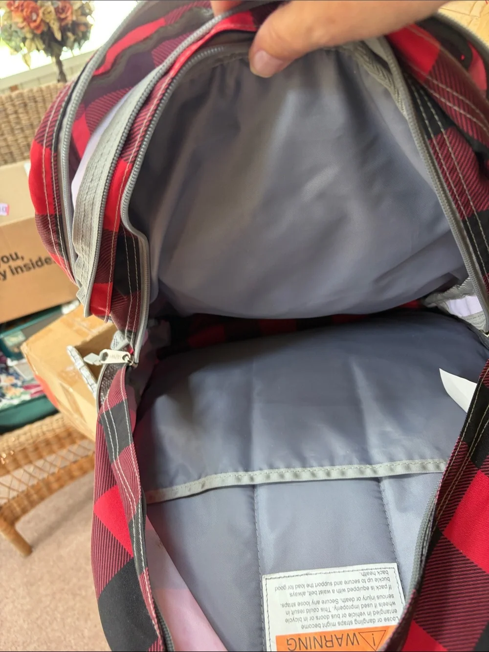 L.L. Bean Red and Black Buffalo Plaid Backpack with Gray Accents